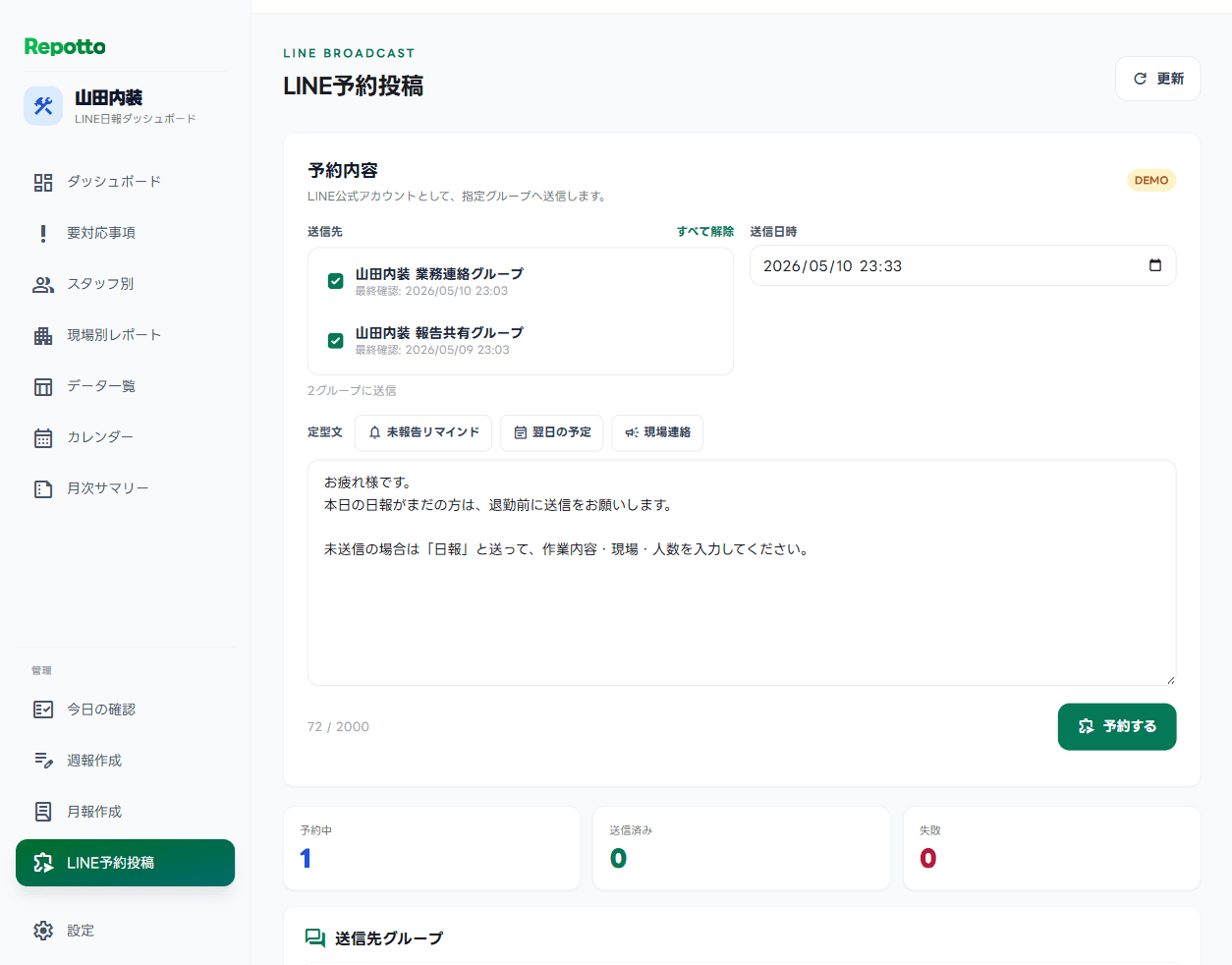 RepottoのLINE予約投稿画面。未報告リマインドや翌日の予定、現場連絡を予約投稿できる。